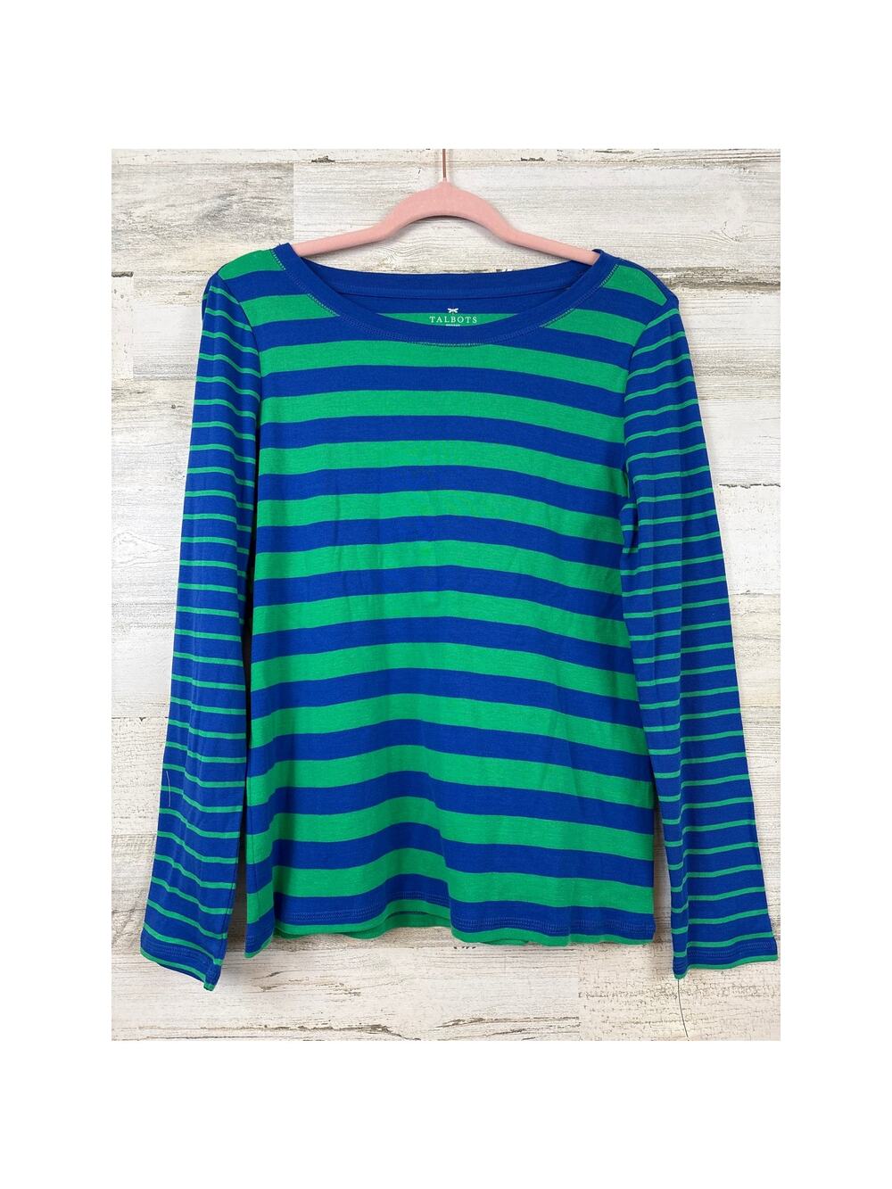 Talbots Womens L Petite Green Blue Stripe Shirt Coastal Preppy Casual NWT